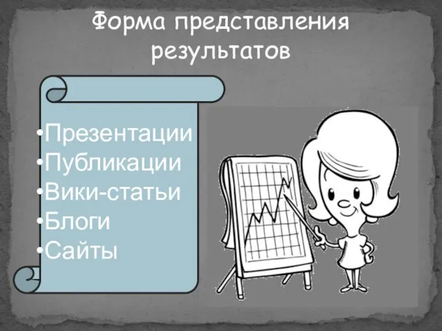 Форма представления результатов Презентации Публикации Вики-статьи Блоги Сайты