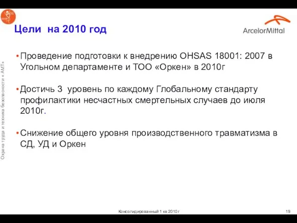 Цели на 2010 год Проведение подготовки к внедрению OHSAS 18001: 2007 в