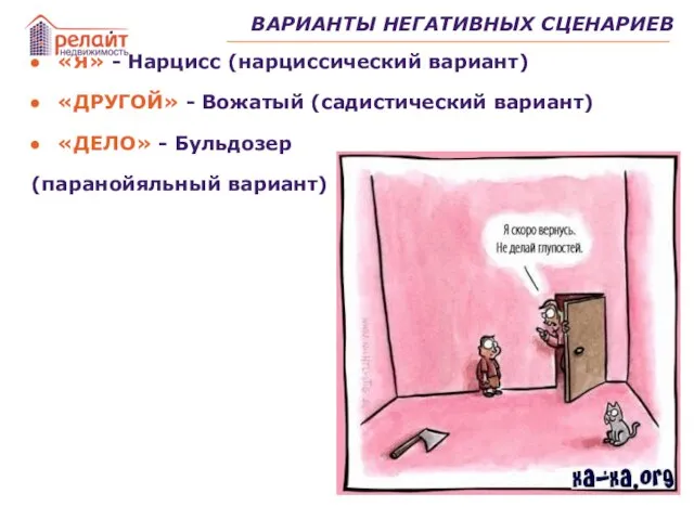 «Я» - Нарцисс (нарциссический вариант) «ДРУГОЙ» - Вожатый (садистический вариант) «ДЕЛО» -