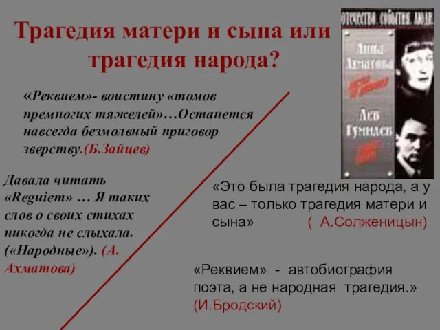 «Реквием»- воистину «томов премногих тяжелей»…Останется навсегда безмолвный приговор зверству.(Б.Зайцев) «Это была трагедия