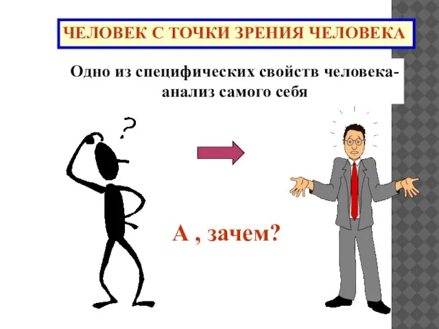 ЧЕЛОВЕК С ТОЧКИ ЗРЕНИЯ ЧЕЛОВЕКА Одно из специфических свойств человека- анализ самого себя А , зачем?