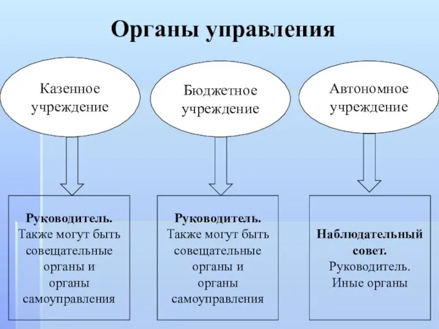 Органы управления Казенное учреждение Бюджетное учреждение Автономное учреждение Руководитель. Также могут быть