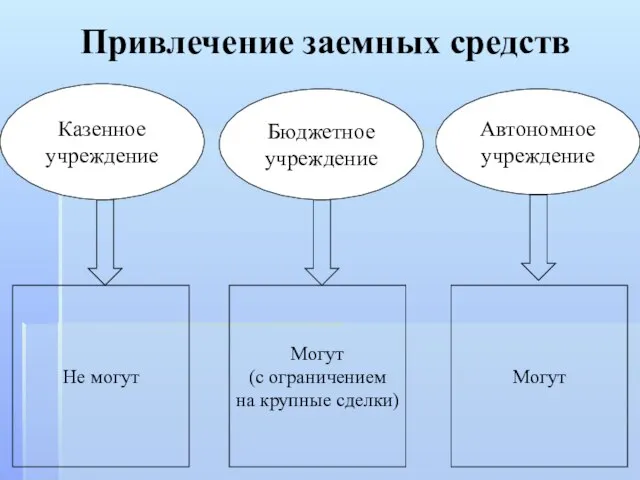 Привлечение заемных средств Казенное учреждение Бюджетное учреждение Автономное учреждение Не могут Могут