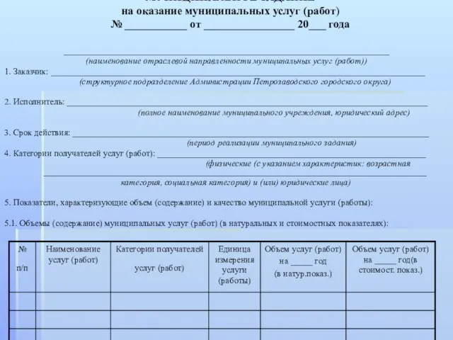 МУНИЦИПАЛЬНОЕ ЗАДАНИЕ на оказание муниципальных услуг (работ) № ___________ от ________________ 20___