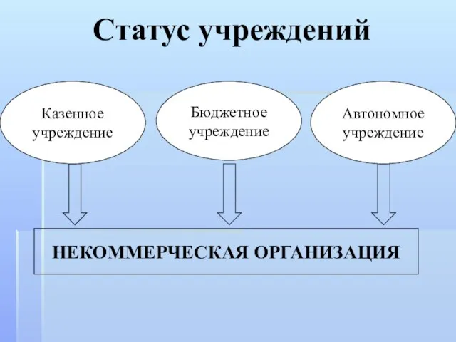 Статус учреждений Казенное учреждение Бюджетное учреждение Автономное учреждение НЕКОММЕРЧЕСКАЯ ОРГАНИЗАЦИЯ