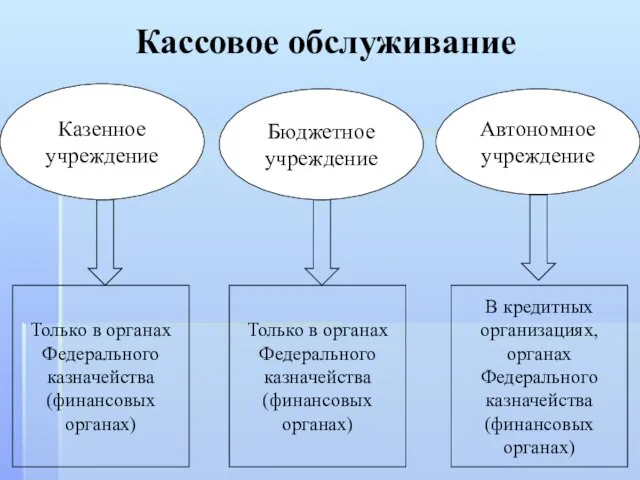 Кассовое обслуживание Казенное учреждение Бюджетное учреждение Автономное учреждение Только в органах Федерального