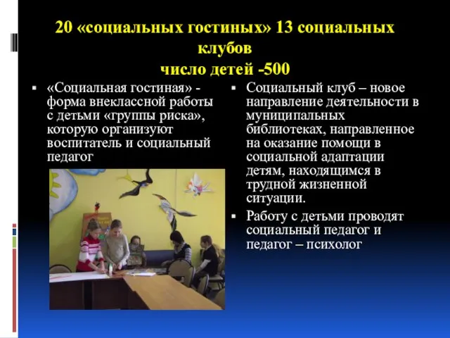 20 «социальных гостиных» 13 социальных клубов число детей -500 «Социальная гостиная» -