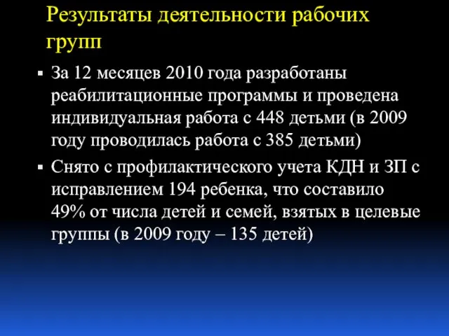 Результаты деятельности рабочих групп За 12 месяцев 2010 года разработаны реабилитационные программы