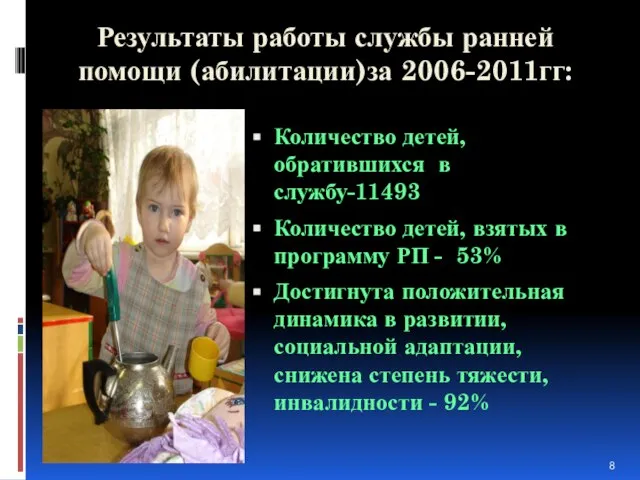 Результаты работы службы ранней помощи (абилитации)за 2006-2011гг: Количество детей, обратившихся в службу-11493