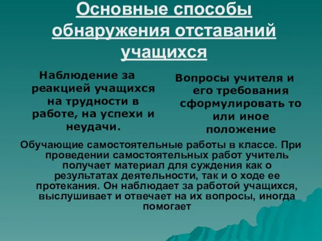 Основные способы обнаружения отставаний учащихся Наблюдение за реакцией учащихся на трудности в