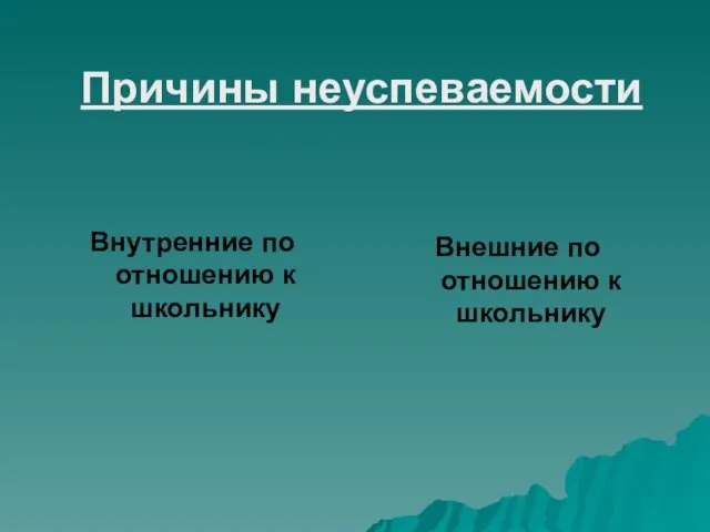 Причины неуспеваемости Внутренние по отношению к школьнику Внешние по отношению к школьнику