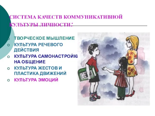 СИСТЕМА КАЧЕСТВ КОММУНИКАТИВНОЙ КУЛЬТУРЫ ЛИЧНОСТИ: ТВОРЧЕСКОЕ МЫШЛЕНИЕ КУЛЬТУРА РЕЧЕВОГО ДЕЙСТВИЯ КУЛЬТУРА САМОНАСТРОЙКИ