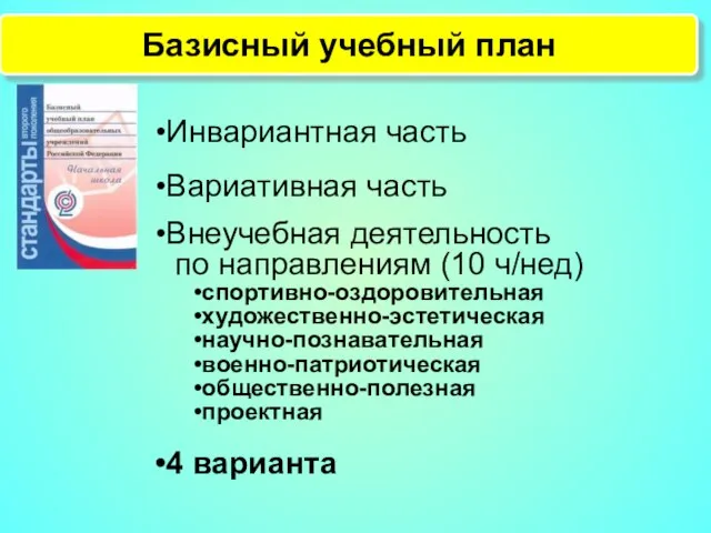 Базисный учебный план Инвариантная часть Вариативная часть Внеучебная деятельность по направлениям (10