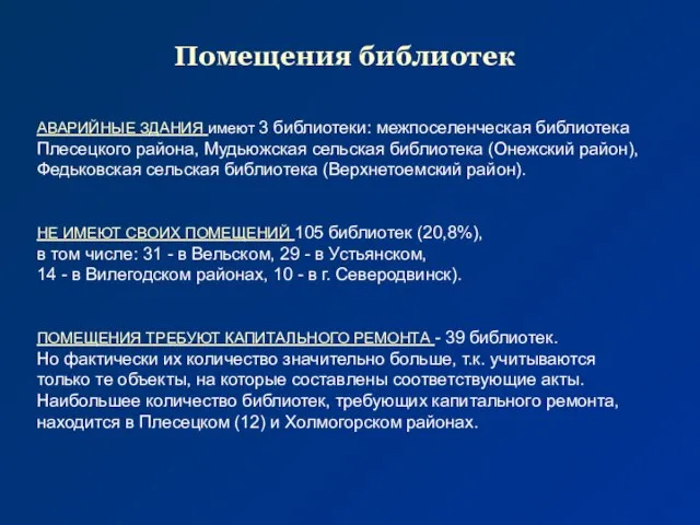 Помещения библиотек АВАРИЙНЫЕ ЗДАНИЯ имеют 3 библиотеки: межпоселенческая библиотека Плесецкого района, Мудьюжская