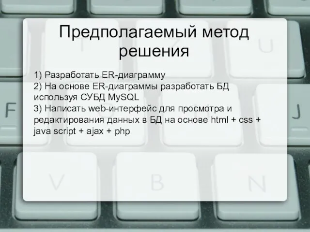 Предполагаемый метод решения 1) Разработать ER-диаграмму 2) На основе ER-диаграммы разработать БД