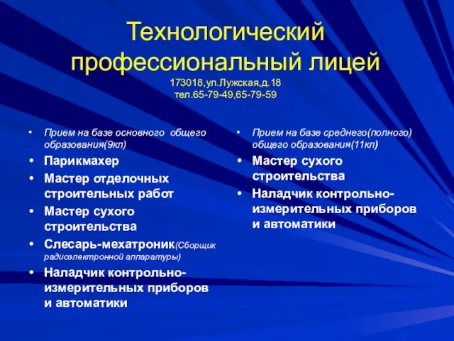 Технологический профессиональный лицей 173018,ул.Лужская,д.18 тел.65-79-49,65-79-59 Прием на базе основного общего образования(9кл) Парикмахер