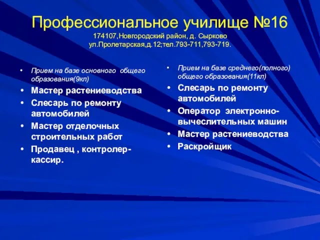 Профессиональное училище №16 174107,Новгородский район, д. Сырково ул.Пролетарская,д.12;тел.793-711,793-719. Прием на базе основного