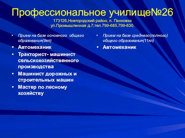 Профессиональное училище№26 173126,Новгородский район, п. Панковка ул.Промышленная д.7;тел.799-685,799-830. Прием на базе основного