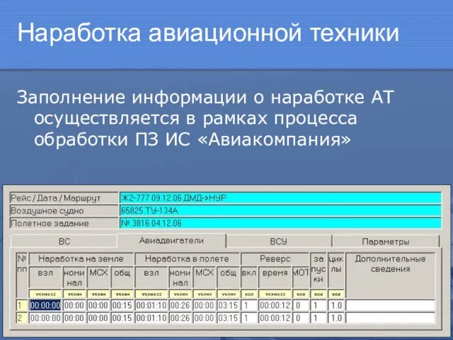 Наработка авиационной техники Заполнение информации о наработке АТ осуществляется в рамках процесса обработки ПЗ ИС «Авиакомпания»