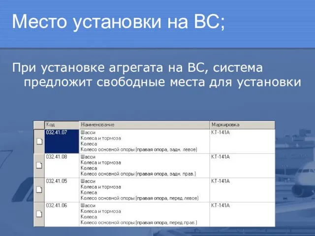 Место установки на ВС; При установке агрегата на ВС, система предложит свободные места для установки