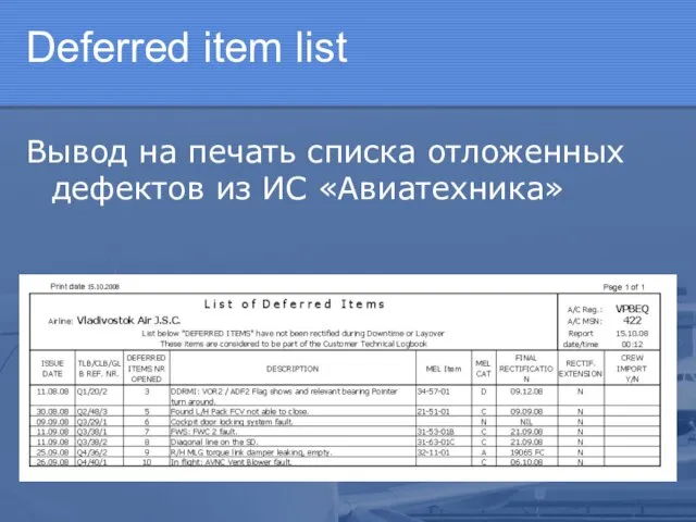 Deferred item list Вывод на печать списка отложенных дефектов из ИС «Авиатехника»