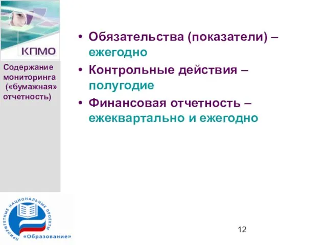 Содержание мониторинга («бумажная» отчетность) Обязательства (показатели) – ежегодно Контрольные действия – полугодие