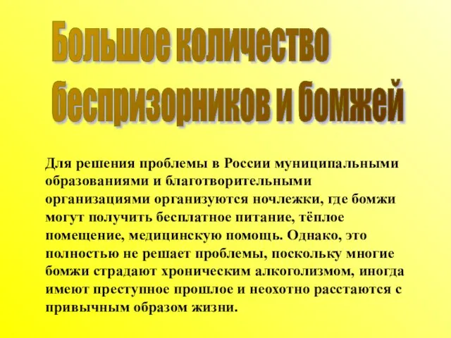 Большое количество беспризорников и бомжей Для решения проблемы в России муниципальными образованиями