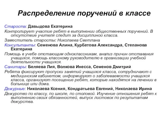 Распределение поручений в классе Староста: Давыдова Екатерина Контролирует участие ребят в выполнении