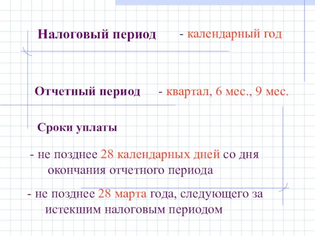 Налоговый период - календарный год - квартал, 6 мес., 9 мес. Сроки