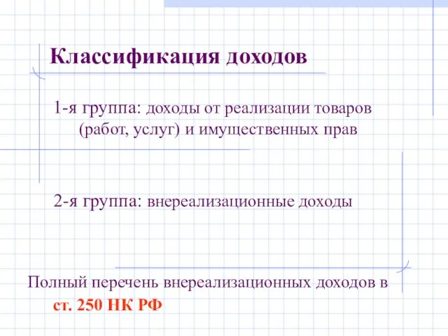 Классификация доходов 1-я группа: доходы от реализации товаров (работ, услуг) и имущественных