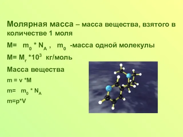 Молярная масса – масса вещества, взятого в количестве 1 моля М= m0