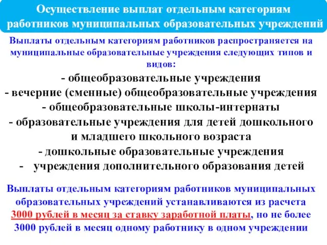 Осуществление выплат отдельным категориям работников муниципальных образовательных учреждений Выплаты отдельным категориям работников