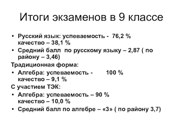 Итоги экзаменов в 9 классе Русский язык: успеваемость - 76,2 % качество