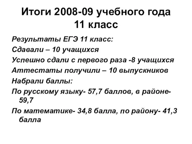 Итоги 2008-09 учебного года 11 класс Результаты ЕГЭ 11 класс: Сдавали –