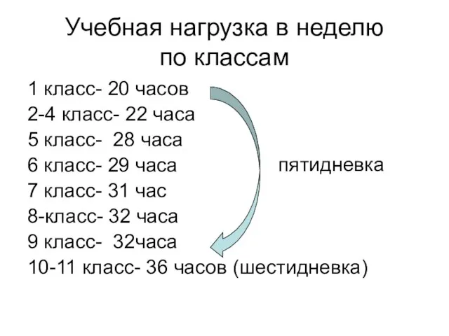 Учебная нагрузка в неделю по классам 1 класс- 20 часов 2-4 класс-