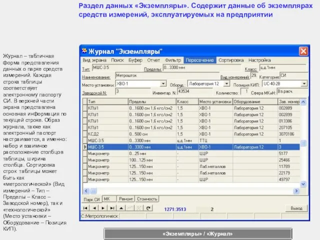 Журнал – табличная форма представления данных о парке средств измерений. Каждая строка