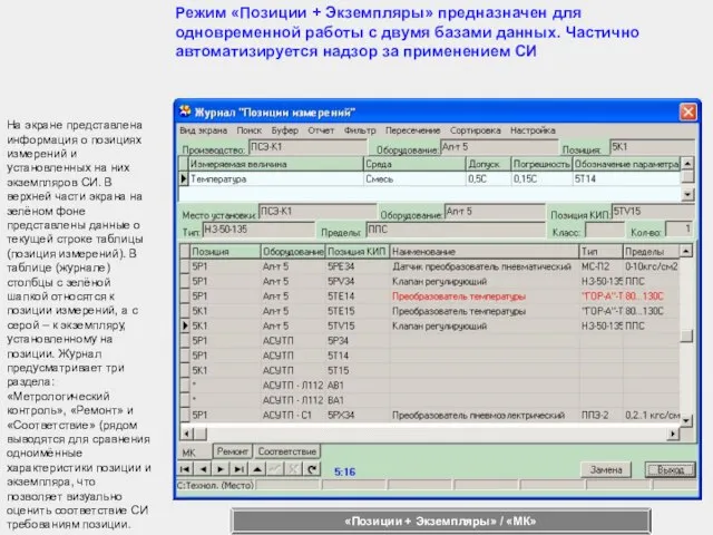 На экране представлена информация о позициях измерений и установленных на них экземпляров