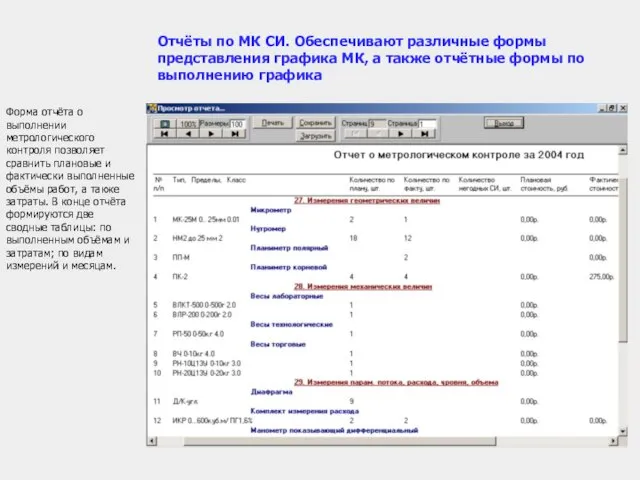 Форма отчёта о выполнении метрологического контроля позволяет сравнить плановые и фактически выполненные