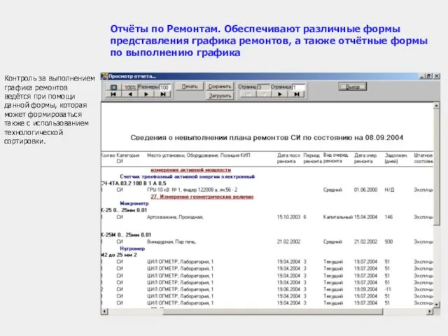 Контроль за выполнением графика ремонтов ведётся при помощи данной формы, которая может