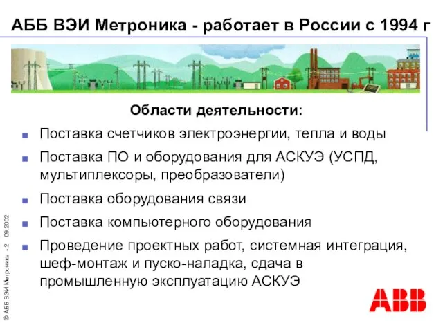 АББ ВЭИ Метроника - работает в России с 1994 г Области деятельности: