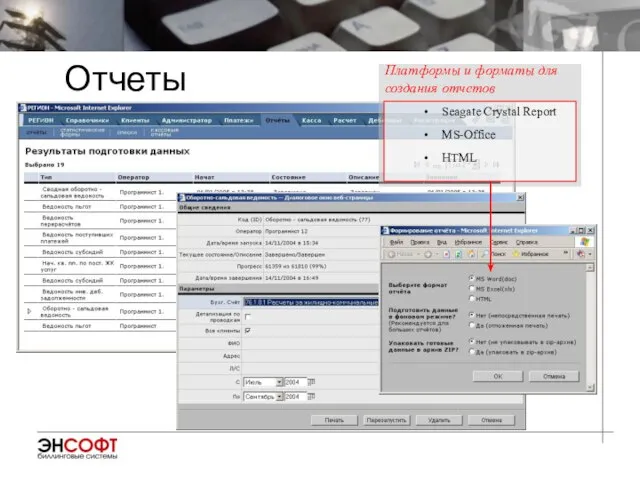 Отчеты Seagate Crystal Report MS-Office HTML Платформы и форматы для создания отчетов