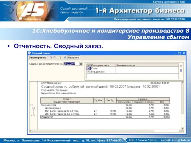 1С:Хлебобулочное и кондитерское производство 8 Управление сбытом Отчетность. Сводный заказ.