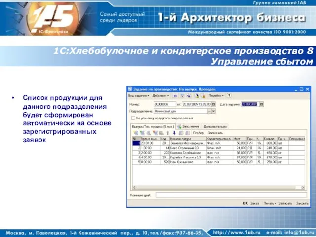 1С:Хлебобулочное и кондитерское производство 8 Управление сбытом Список продукции для данного подразделения