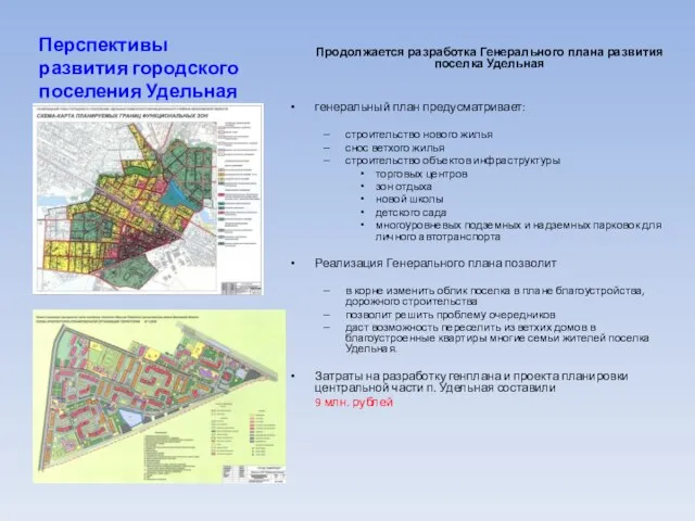 Перспективы развития городского поселения Удельная Продолжается разработка Генерального плана развития поселка Удельная