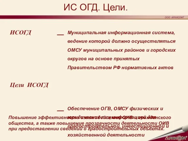 ИСОГД Цели ИСОГД ИС ОГД. Цели. Повышение эффективности взаимодействия ОИВ и гражданского