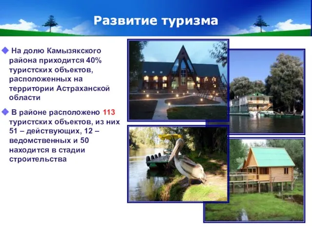 www.themegallery.com Company Logo Развитие туризма На долю Камызякского района приходится 40% туристских