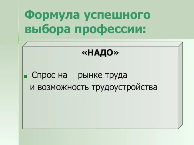 Формула успешного выбора профессии: «НАДО» Спрос на рынке труда и возможность трудоустройства