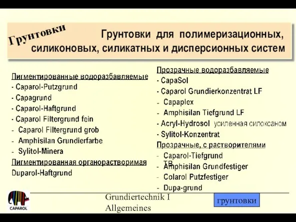 Grundiertechnik I Allgemeines Грунтовки для полимеризационных, силиконовых, силикатных и дисперсионных систем Грунтовки * грунтовки