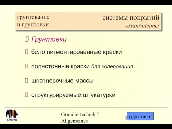 Grundiertechnik I Allgemeines системы покрытий компоненты Грунтовки бело пигментированные краски полнотонные краски