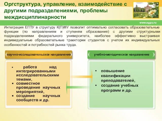 www.egpu.ru Оргструктура, управление, взаимодействие с другими подразделениями, проблемы междисциплинарности научно-исследовательское направление учебно-методическое
